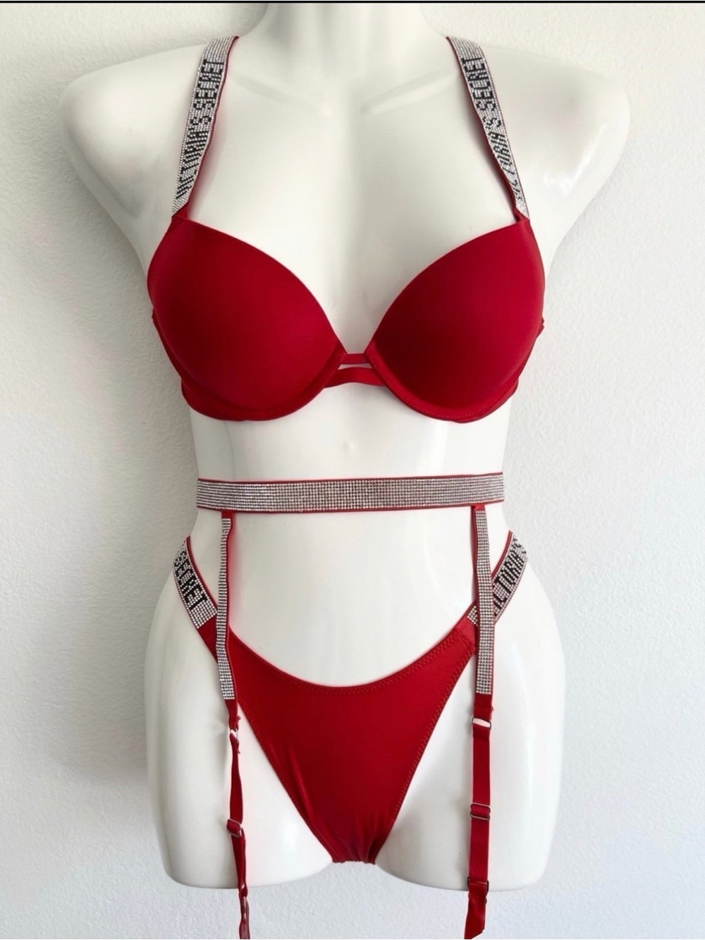 Red Rhinestone Strap Lingerie Set - Picture 10 of 12